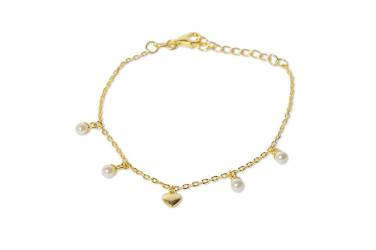 Bracciale in argento dorato 925/°°° con pendente a cuore e perle