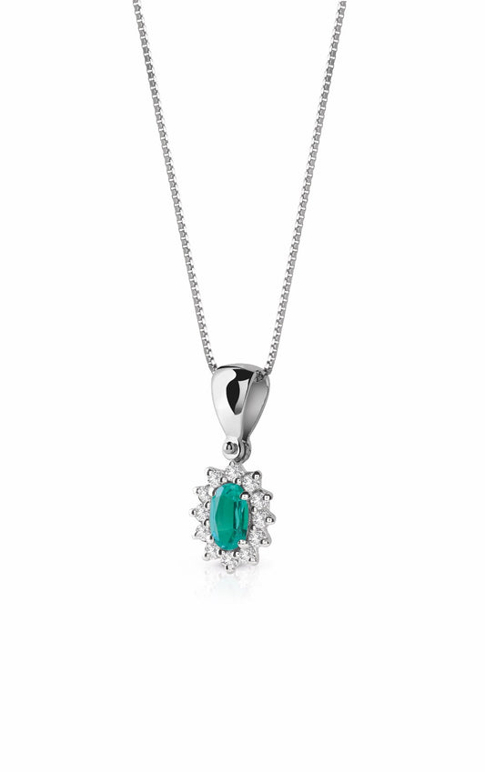 Collana con centrale ovale con smeraldo di sintesi e contorno con diamanti una griffe
